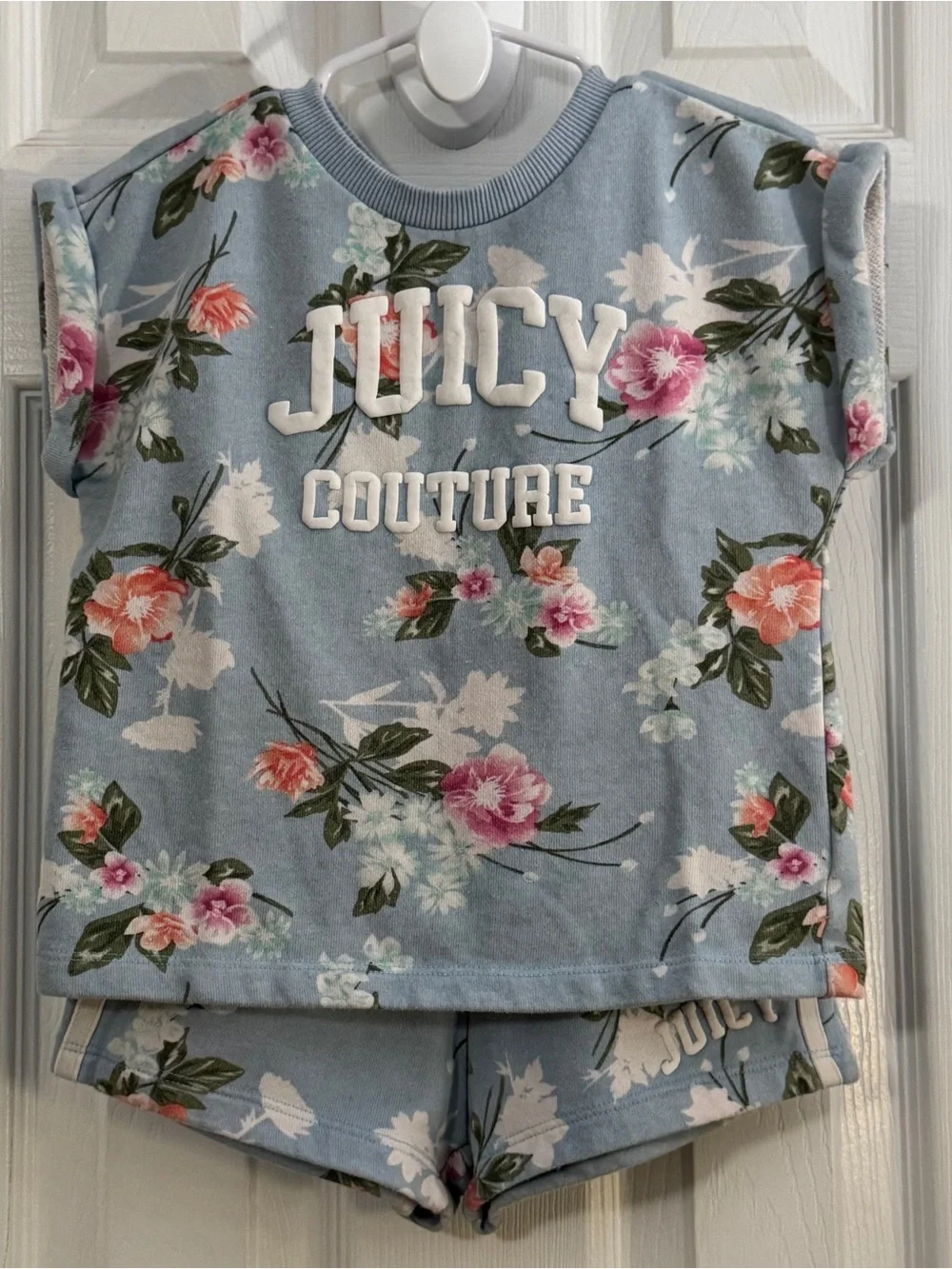 Juicy Couture Baby Girl Light Blue Floral Short Sleeve Top with Matching Shorts